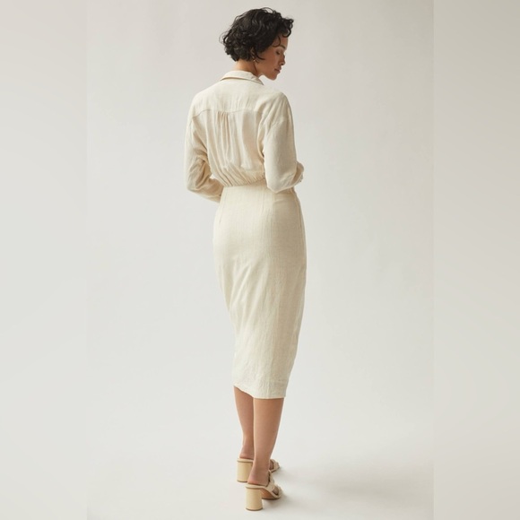 By Anthropologie NWT V-Neck Knot Front Linen Blend Ivory Midi Dress Size 10 - Picture 3 of 10